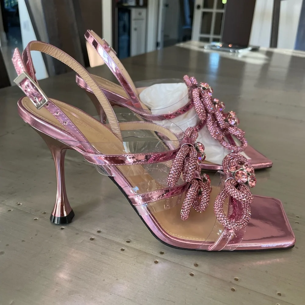 Mach and Mach triple bow pink metallic pump crystal sandal sz 39